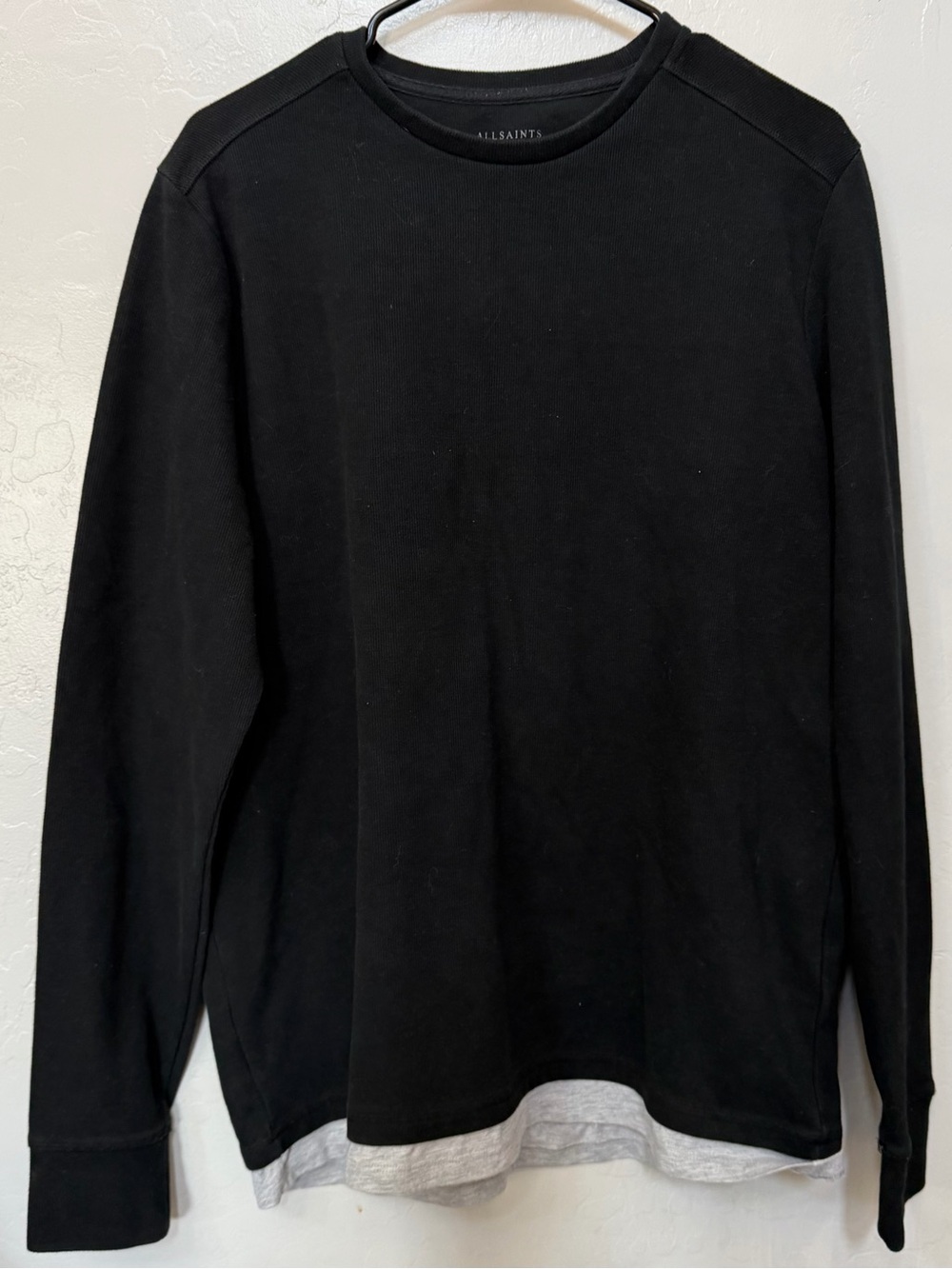 All Saints Black Crewneck Layered Hem Sweater